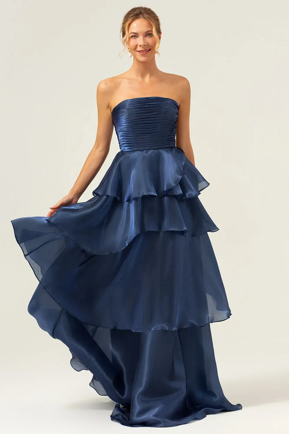 Elegant A-Line Strapless Straight Neck Zipper Tiered Floor Length Prom Dress