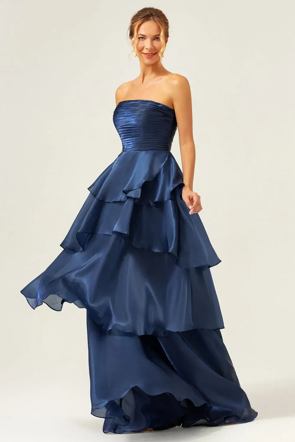 Elegant A-Line Strapless Straight Neck Zipper Tiered Floor Length Prom Dress