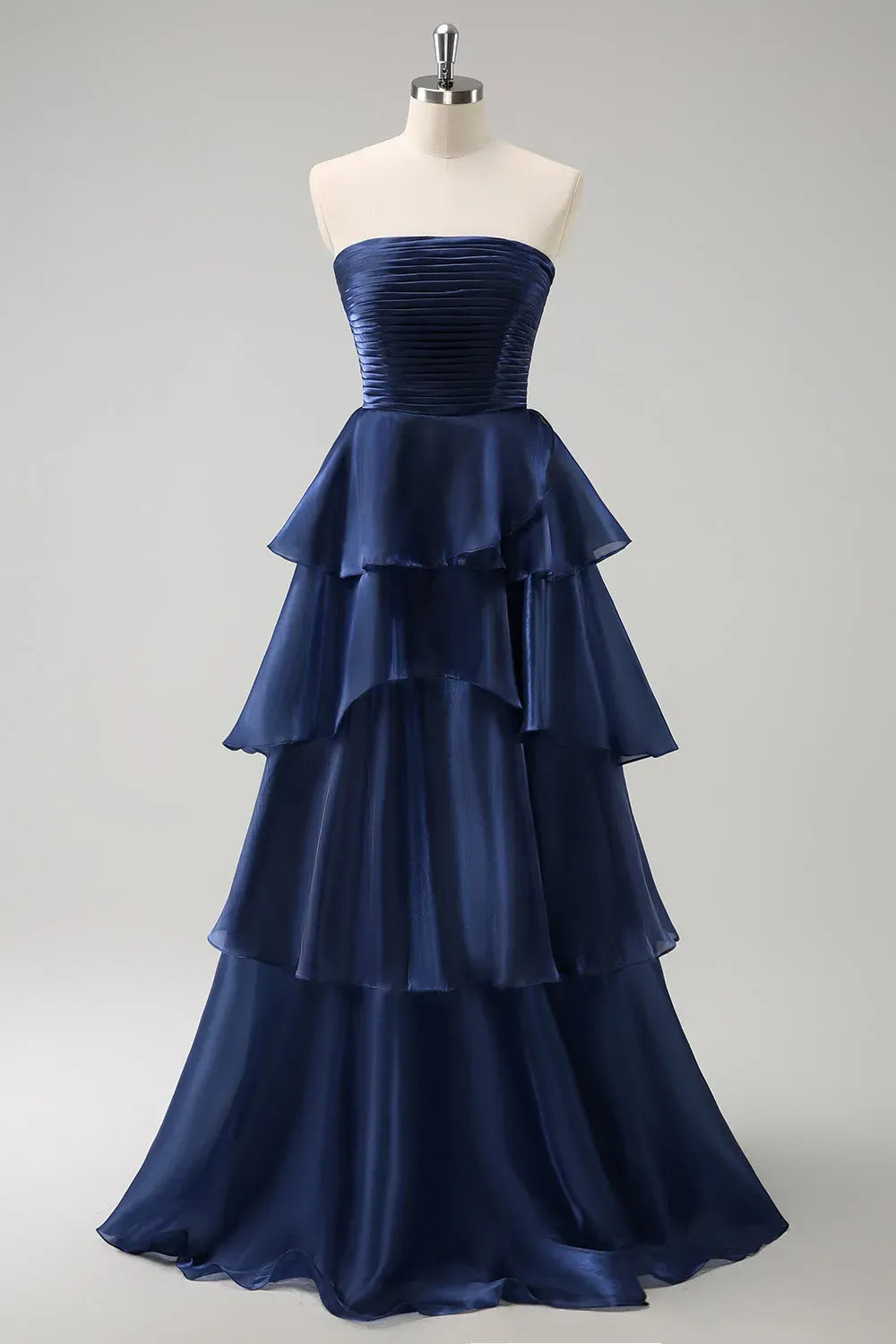 Elegant A-Line Strapless Straight Neck Zipper Tiered Floor Length Prom Dress