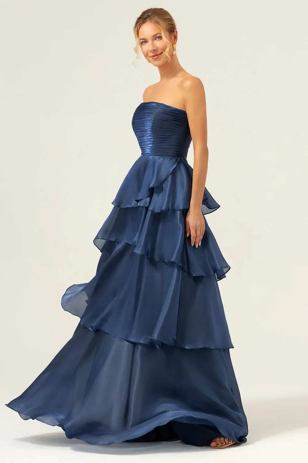Elegant A-Line Strapless Straight Neck Zipper Tiered Floor Length Prom Dress