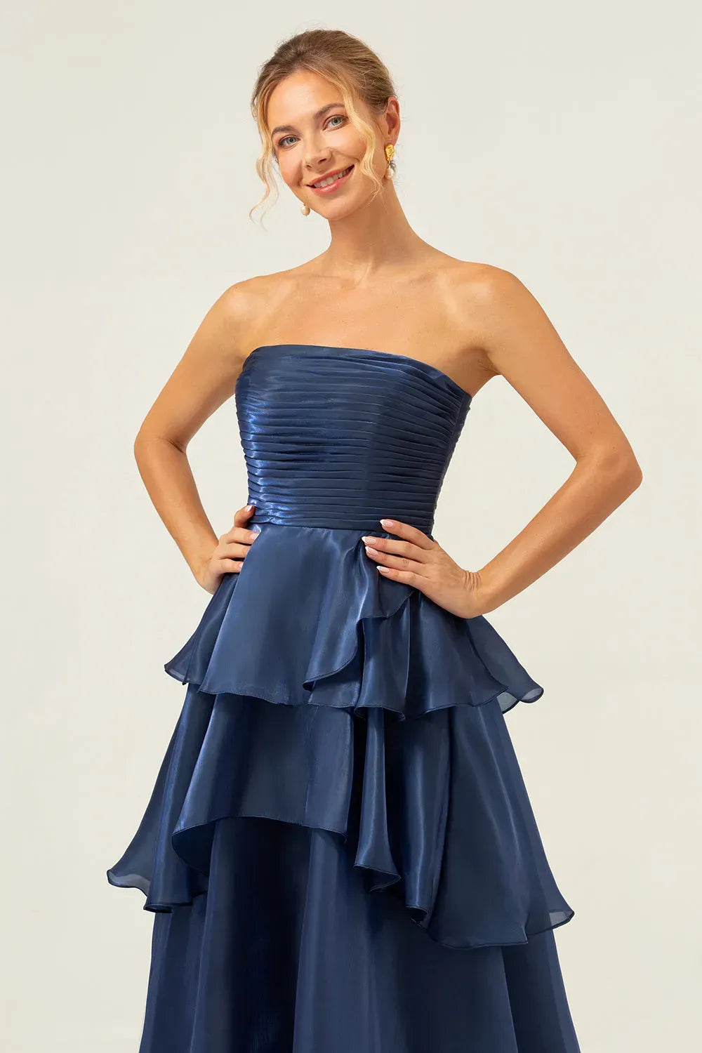 Elegant A-Line Strapless Straight Neck Zipper Tiered Floor Length Prom Dress