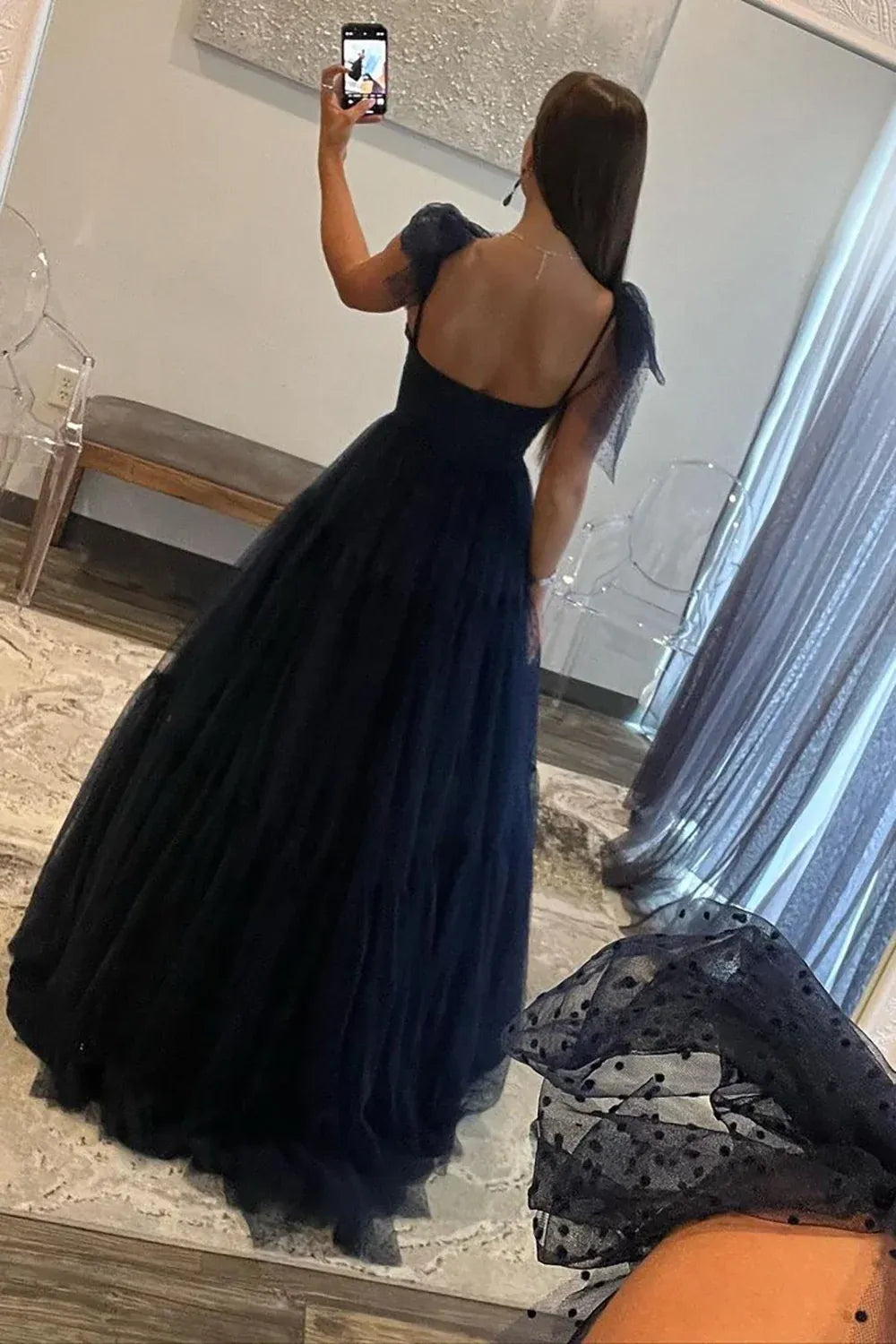Romantic Tulle A-Line Sweetheart Sleeveless Scoop Back Floor Length Bow Prom Dress