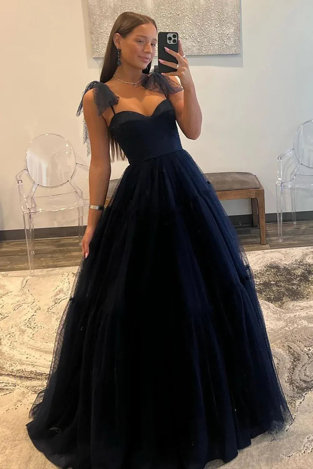 Romantic Tulle A-Line Sweetheart Sleeveless Scoop Back Floor Length Bow Prom Dress