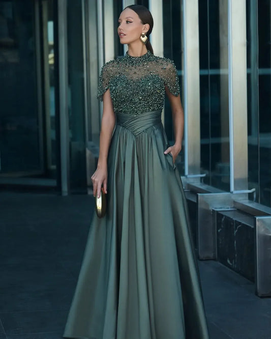 Loverlm dark sage Mother of the Bride dress with beaded illusion neckline short sleeves ruched waist and floor-length A-line skirt