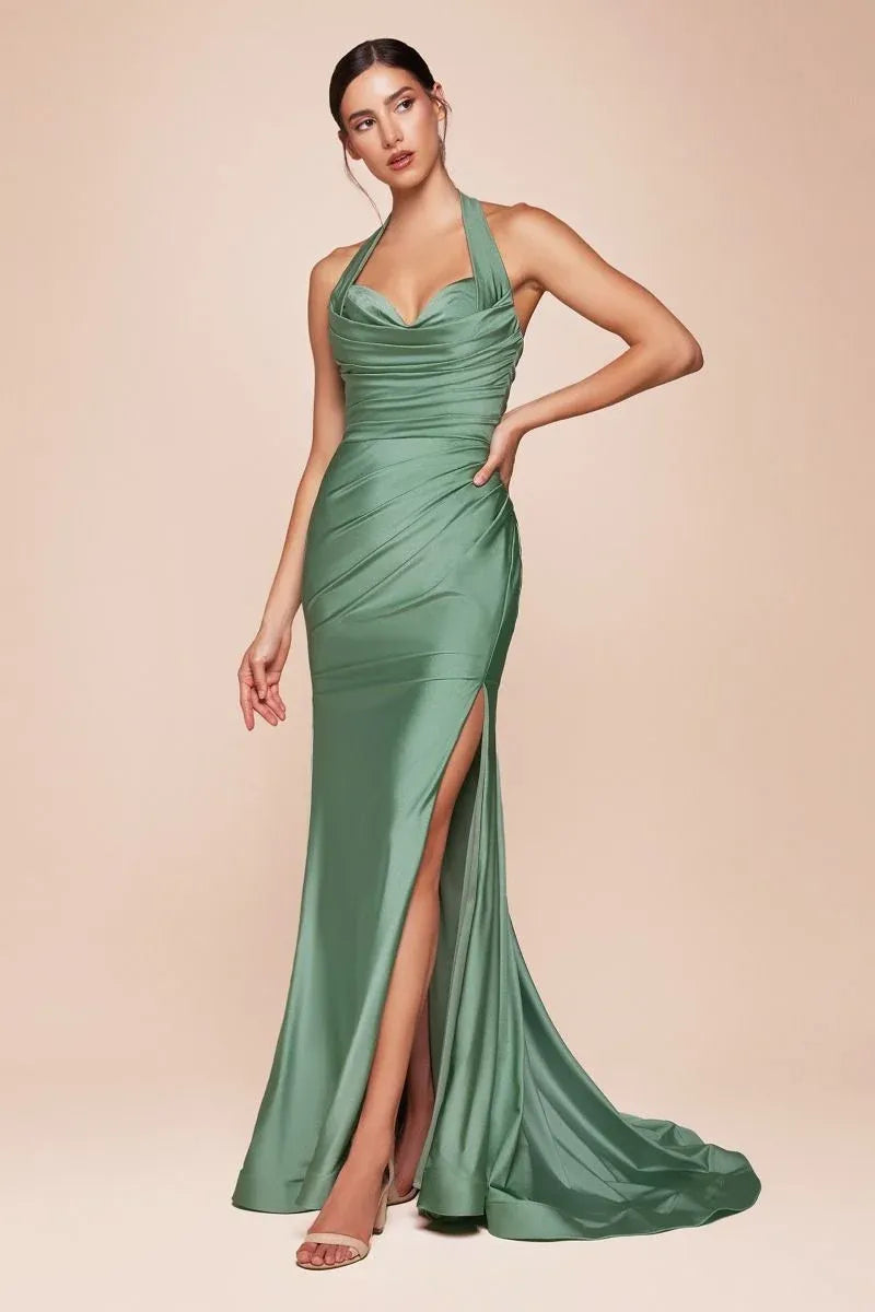 Elegant Sheath Cowl Neck Halter Open Back Floor-Length Evening Dress