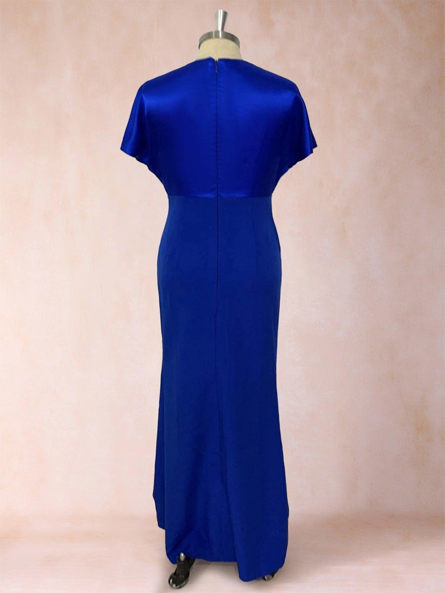 Elegant Column V-Neck Short-Sleeve Draped-Front Maxi Mother of the Bride Dress