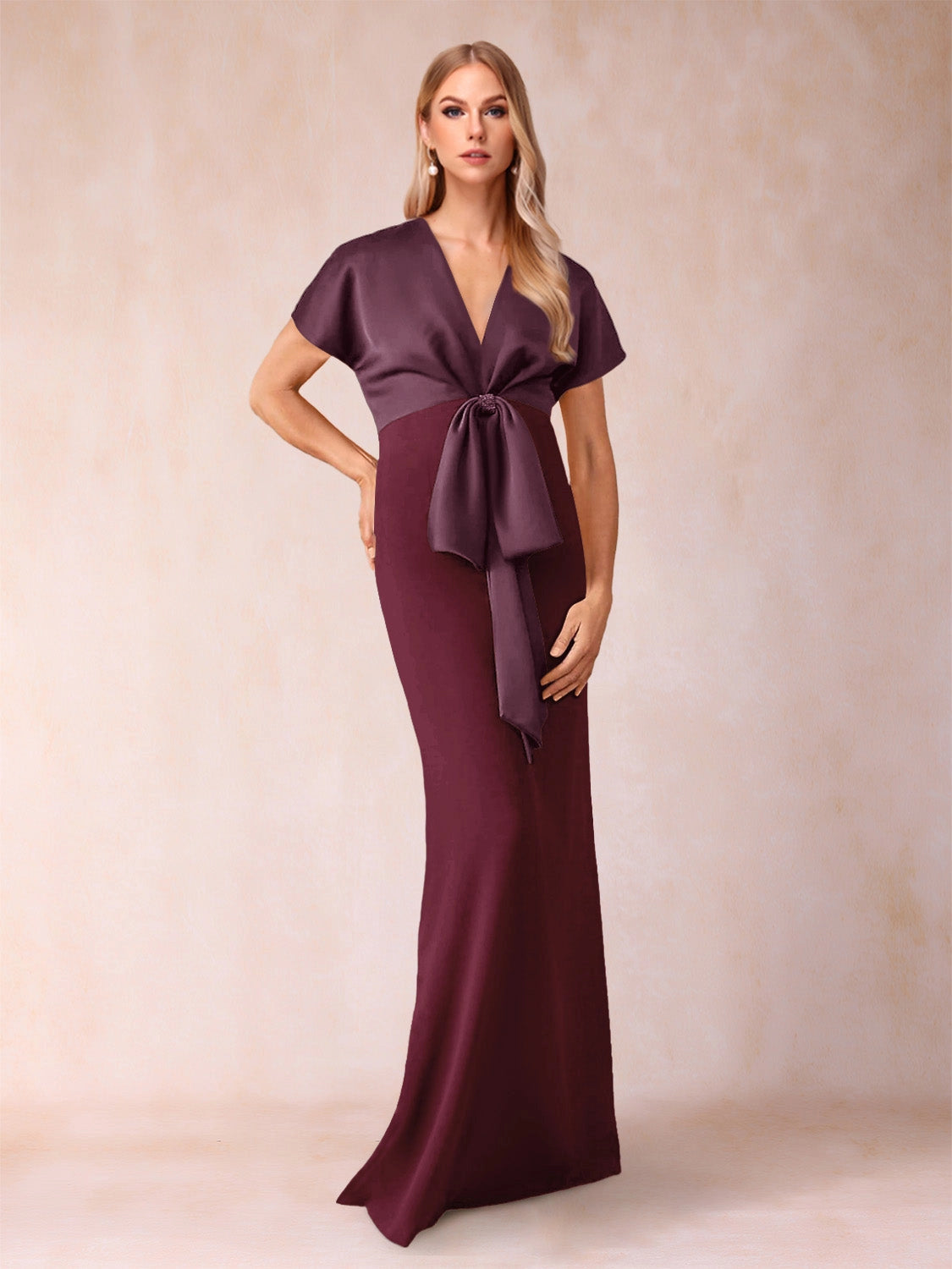 Elegant Column V-Neck Short-Sleeve Draped-Front Maxi Mother of the Bride Dress