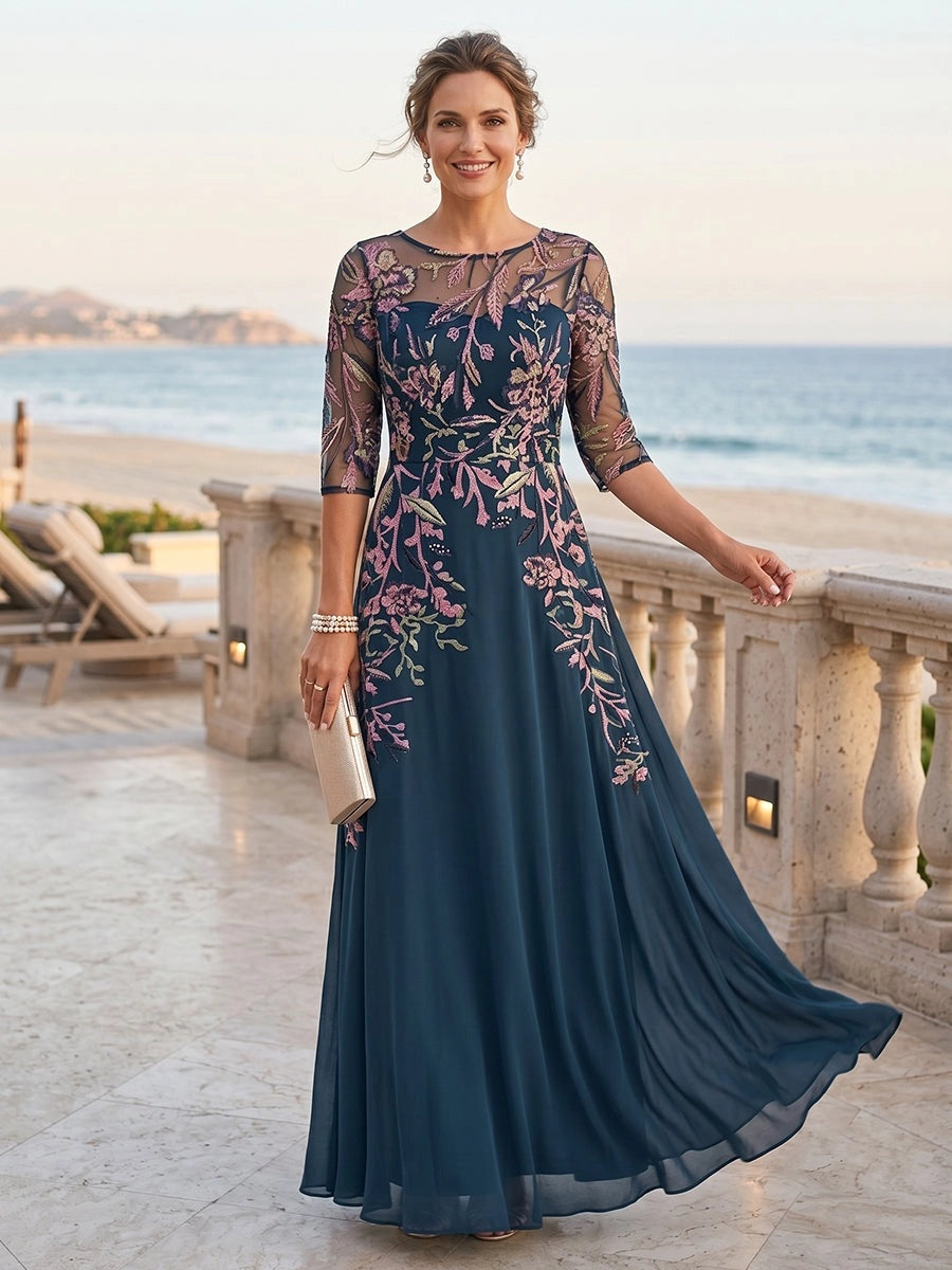 Loverlm dark teal A-line mother of the bride dress with illusion neckline, pink floral embroidery, sheer three-quarter sleeves and flowing skirt front view
