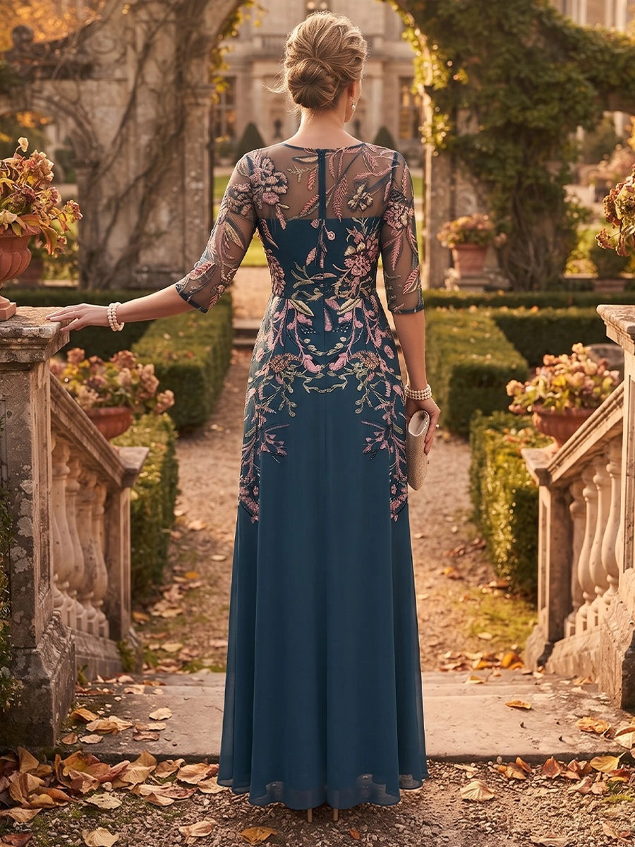 Elegant A-Line Illusion-Neck Three-Quarter-Sleeve Zip-Back Floor-Length Mother of the Bride Dress