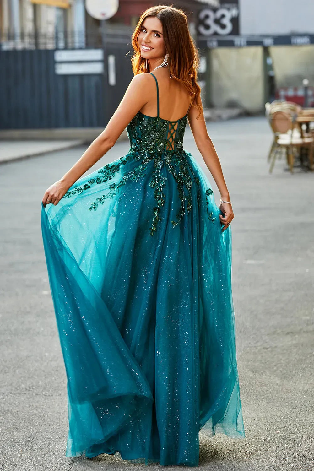 Glamorous A-Line Scoop Neck Spaghetti Strap Lace Up Slit Teal Prom Dress