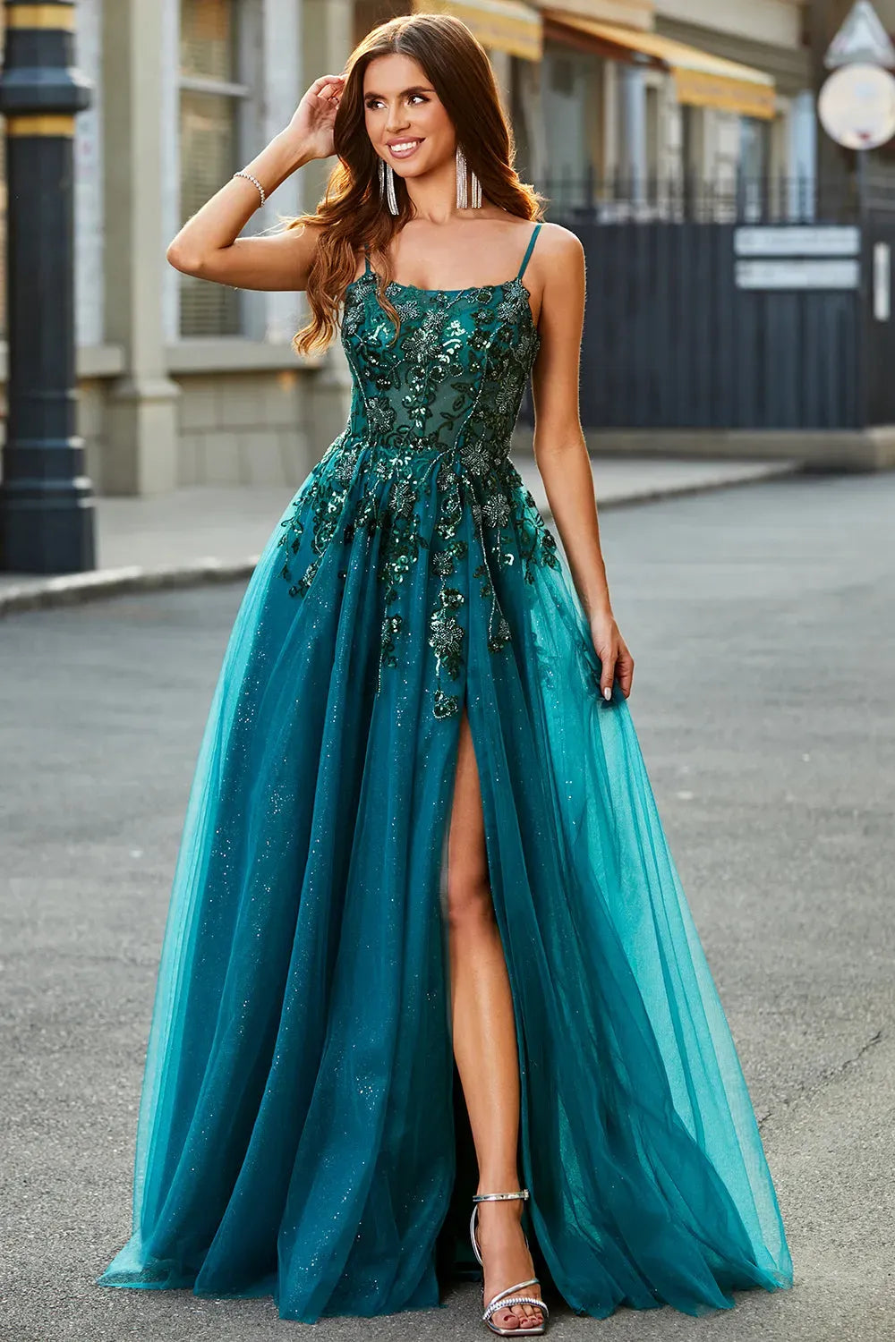Glamorous A-Line Scoop Neck Spaghetti Strap Lace Up Slit Teal Prom Dress