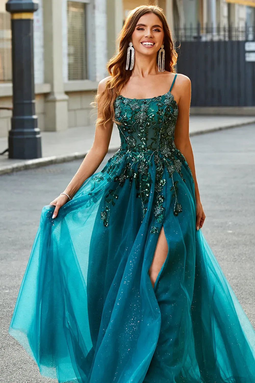 Glamorous A-Line Scoop Neck Spaghetti Strap Lace Up Slit Teal Prom Dress