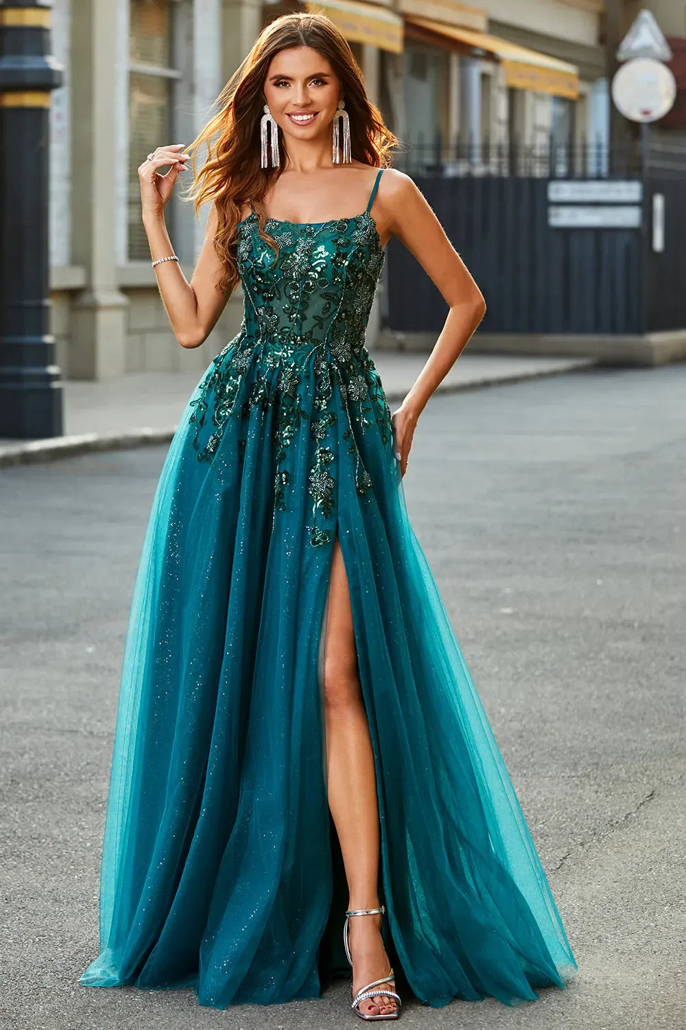 Glamorous A-Line Scoop Neck Spaghetti Strap Lace Up Slit Teal Prom Dress