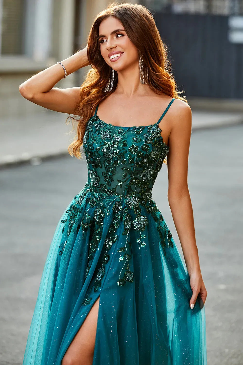 Glamorous A-Line Scoop Neck Spaghetti Strap Lace Up Slit Teal Prom Dress