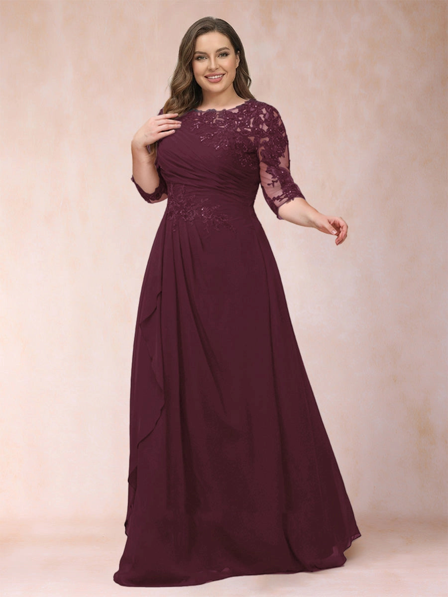 Elegant A-Line Illusion Three-Quarter-Sleeve Zip-Back Flowing Floor-Length Mother of the Bride Dress