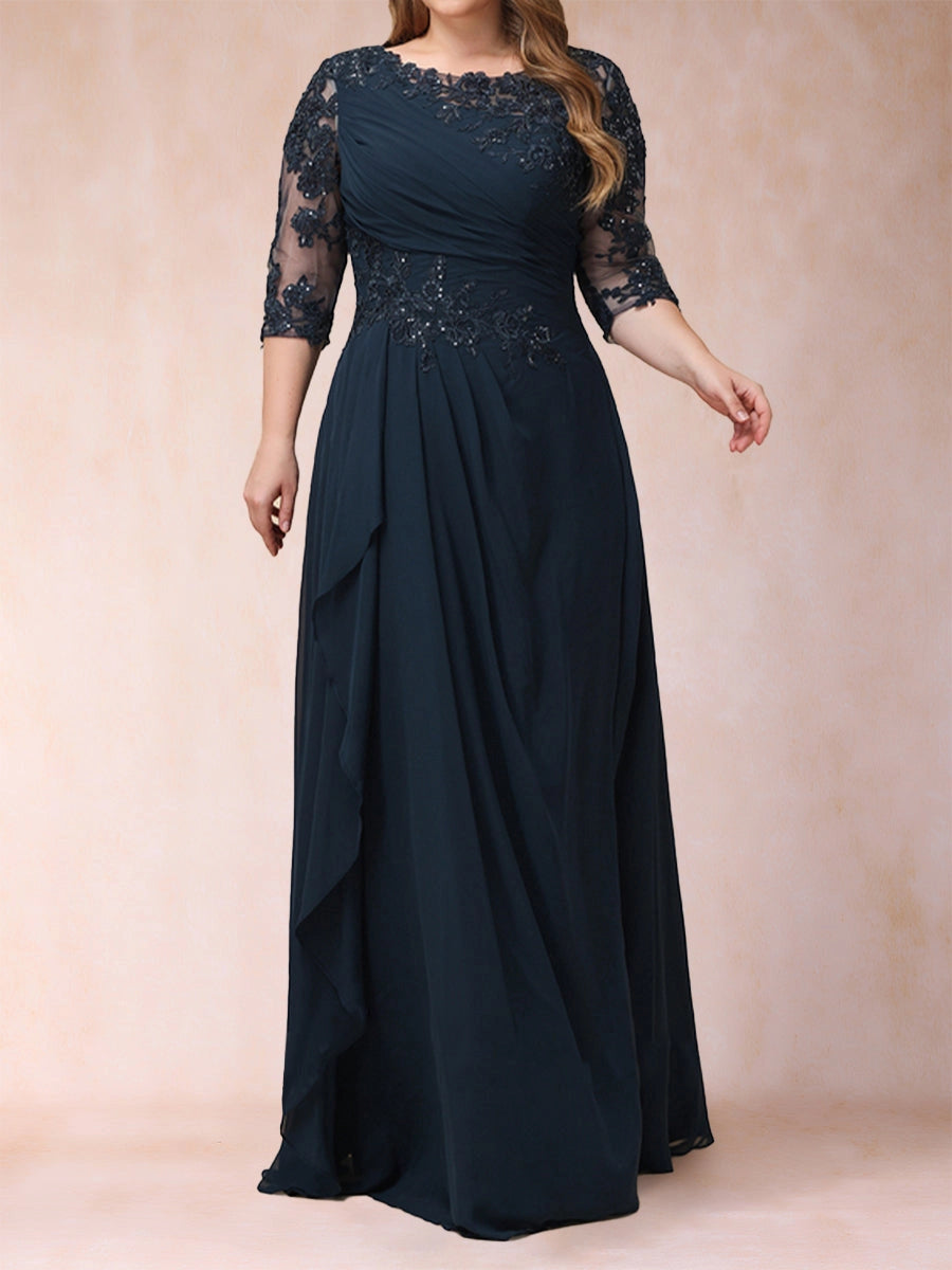 Elegant A-Line Illusion Three-Quarter-Sleeve Zip-Back Flowing Floor-Length Mother of the Bride Dress
