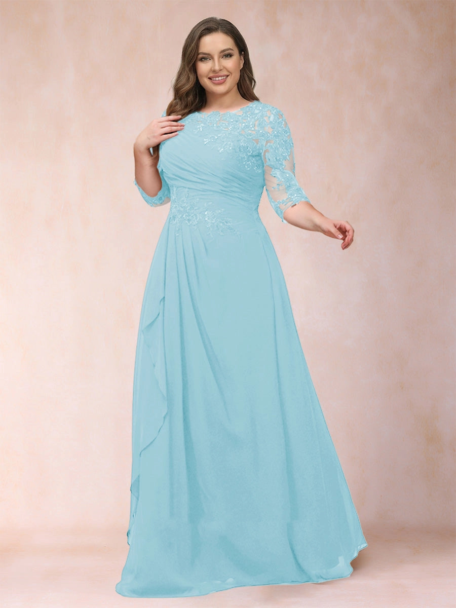 Elegant A-Line Illusion Three-Quarter-Sleeve Zip-Back Flowing Floor-Length Mother of the Bride Dress