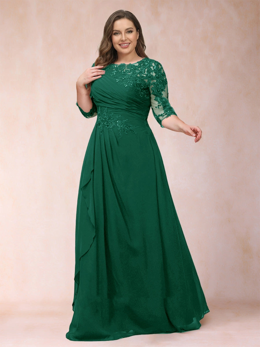 Elegant A-Line Illusion Three-Quarter-Sleeve Zip-Back Flowing Floor-Length Mother of the Bride Dress