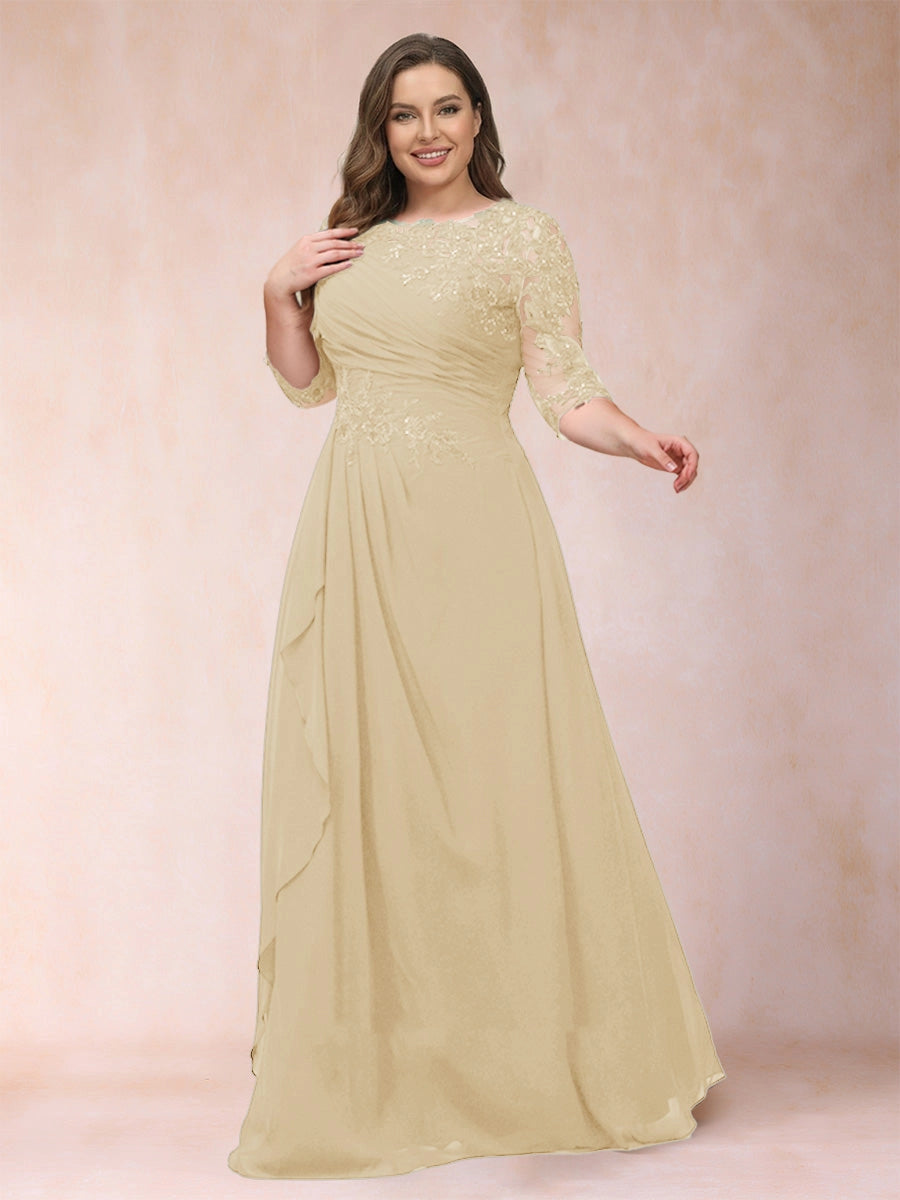Elegant A-Line Illusion Three-Quarter-Sleeve Zip-Back Flowing Floor-Length Mother of the Bride Dress