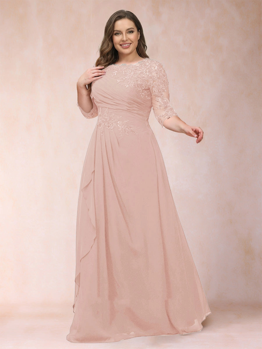 Elegant A-Line Illusion Three-Quarter-Sleeve Zip-Back Flowing Floor-Length Mother of the Bride Dress