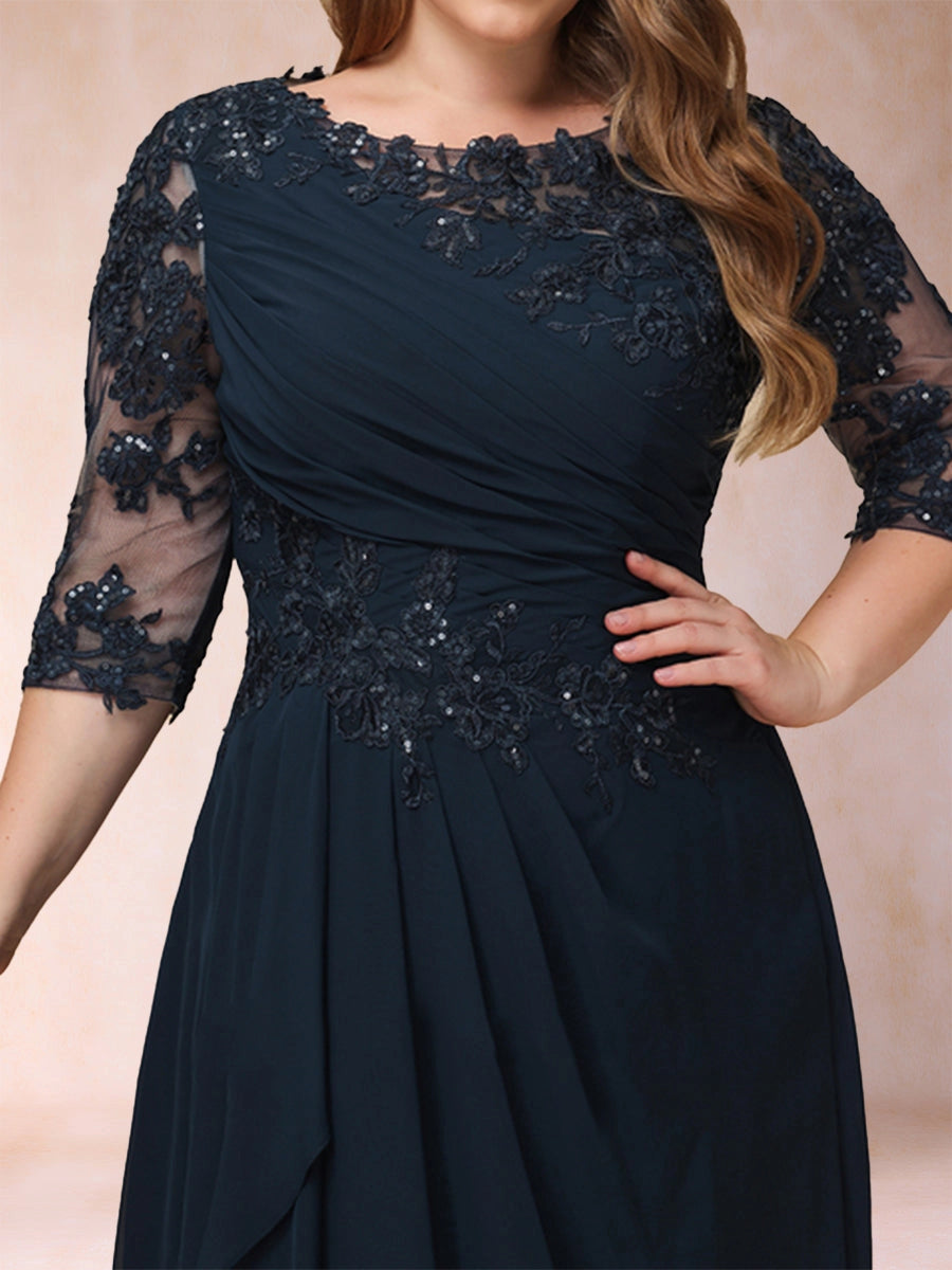 Elegant A-Line Illusion Three-Quarter-Sleeve Zip-Back Flowing Floor-Length Mother of the Bride Dress