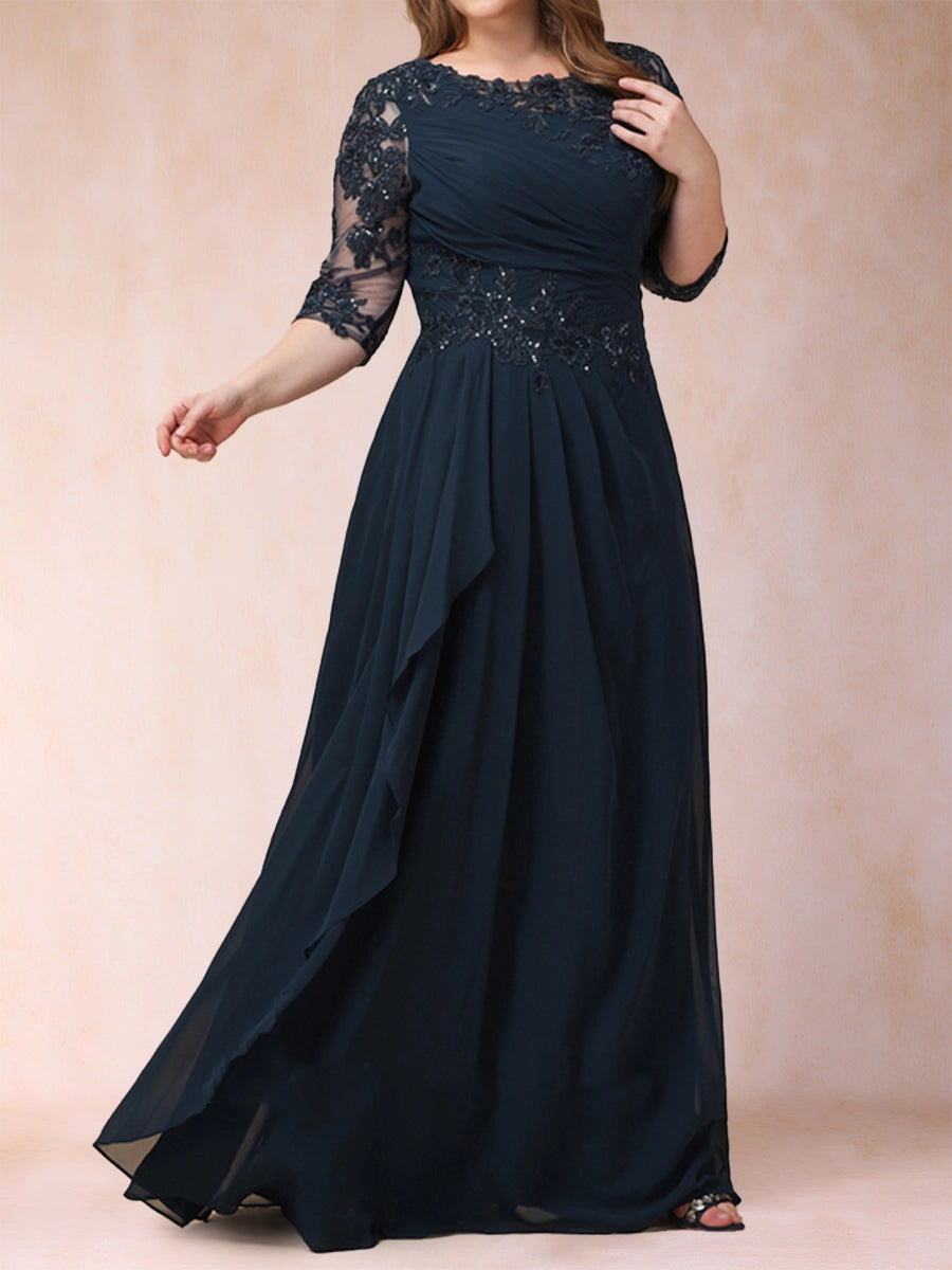 Elegant A-Line Illusion Three-Quarter-Sleeve Zip-Back Flowing Floor-Length Mother of the Bride Dress