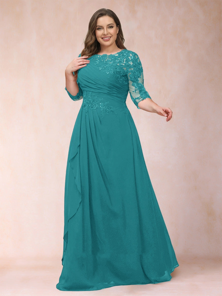 Elegant A-Line Illusion Three-Quarter-Sleeve Zip-Back Flowing Floor-Length Mother of the Bride Dress