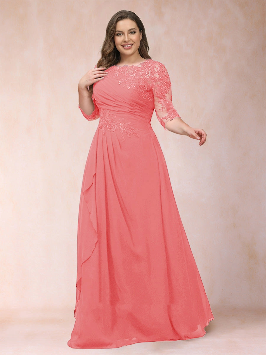 Elegant A-Line Illusion Three-Quarter-Sleeve Zip-Back Flowing Floor-Length Mother of the Bride Dress
