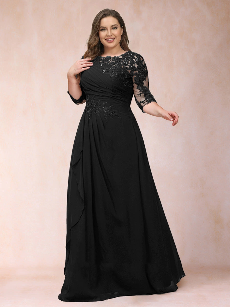 Elegant A-Line Illusion Three-Quarter-Sleeve Zip-Back Flowing Floor-Length Mother of the Bride Dress
