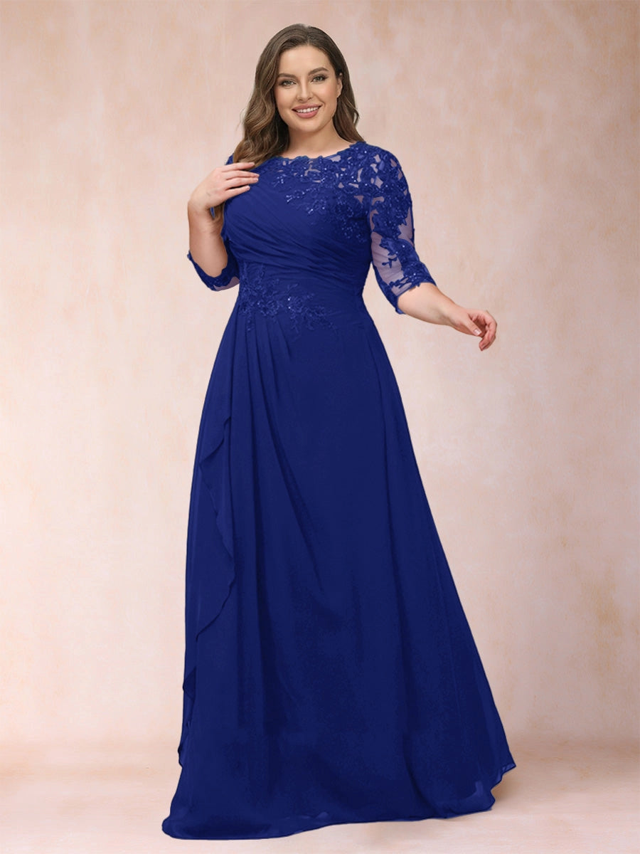 Elegant A-Line Illusion Three-Quarter-Sleeve Zip-Back Flowing Floor-Length Mother of the Bride Dress