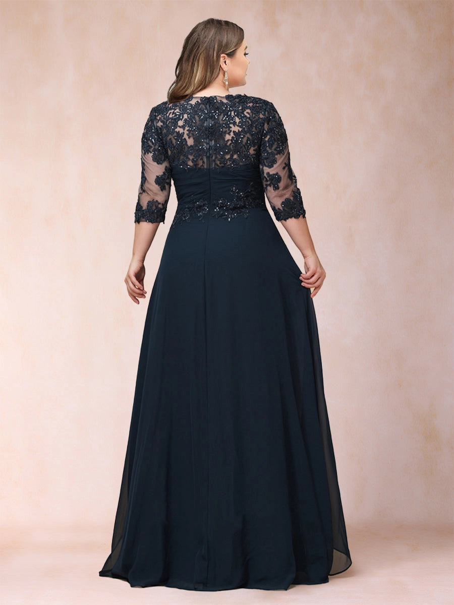 Elegant A-Line Illusion Three-Quarter-Sleeve Zip-Back Flowing Floor-Length Mother of the Bride Dress