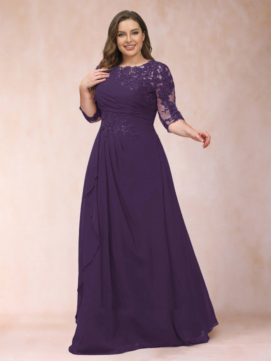 Elegant A-Line Illusion Three-Quarter-Sleeve Zip-Back Flowing Floor-Length Mother of the Bride Dress