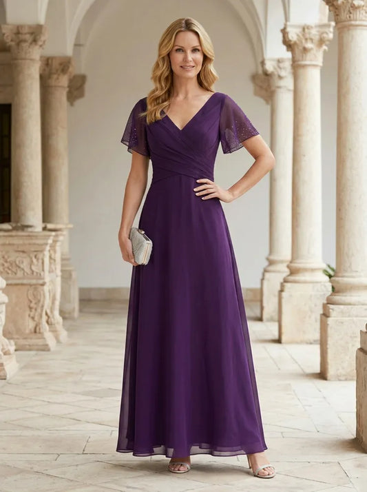 Loverlm deep purple Mother of the Bride dress with V-neck ruched bodice flutter sleeves and floor-length A-line skirt