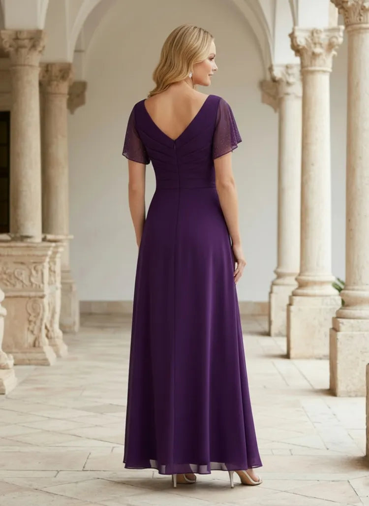 Elegant A-Line V-Neck Flutter-Sleeve Chiffon Floor-Length Mother of the Bride Dress