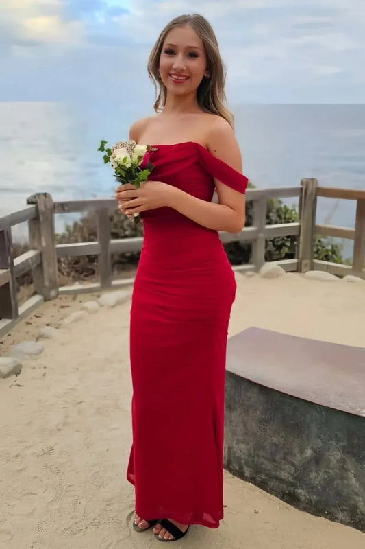Loverlm deep red sheath prom dress with off shoulder neckline, ruched bodice and floor length skirt front view