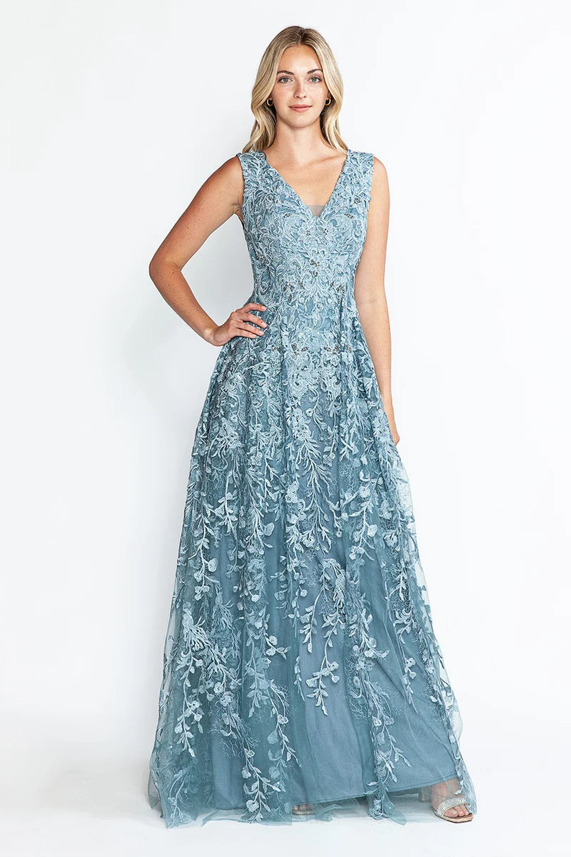 Loverlm denim blue embroidered V-neck A-line evening dress front view