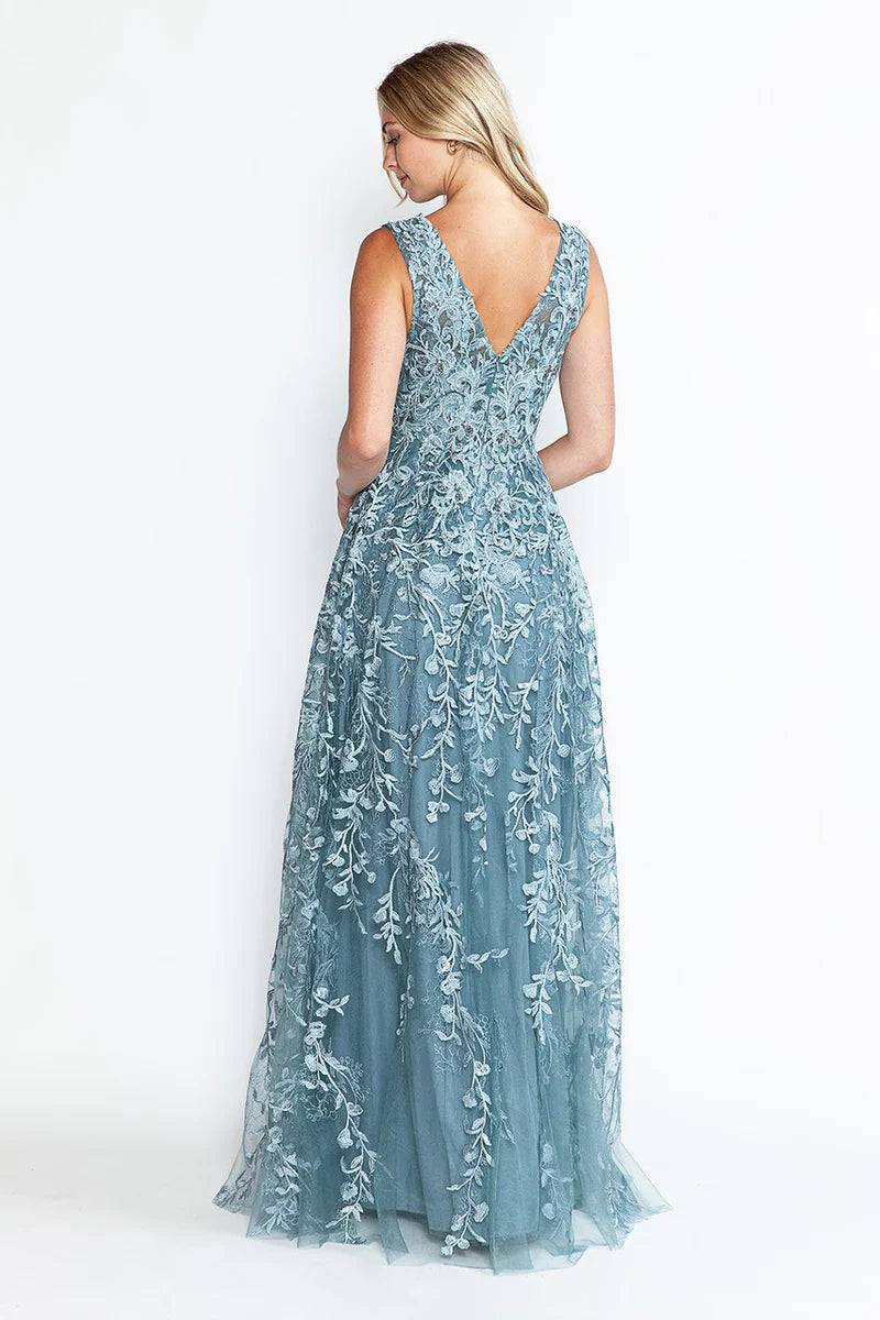 Elegant Embroidered A-Line V-Neck Sleeveless V-Back Floor-Length Evening Dress