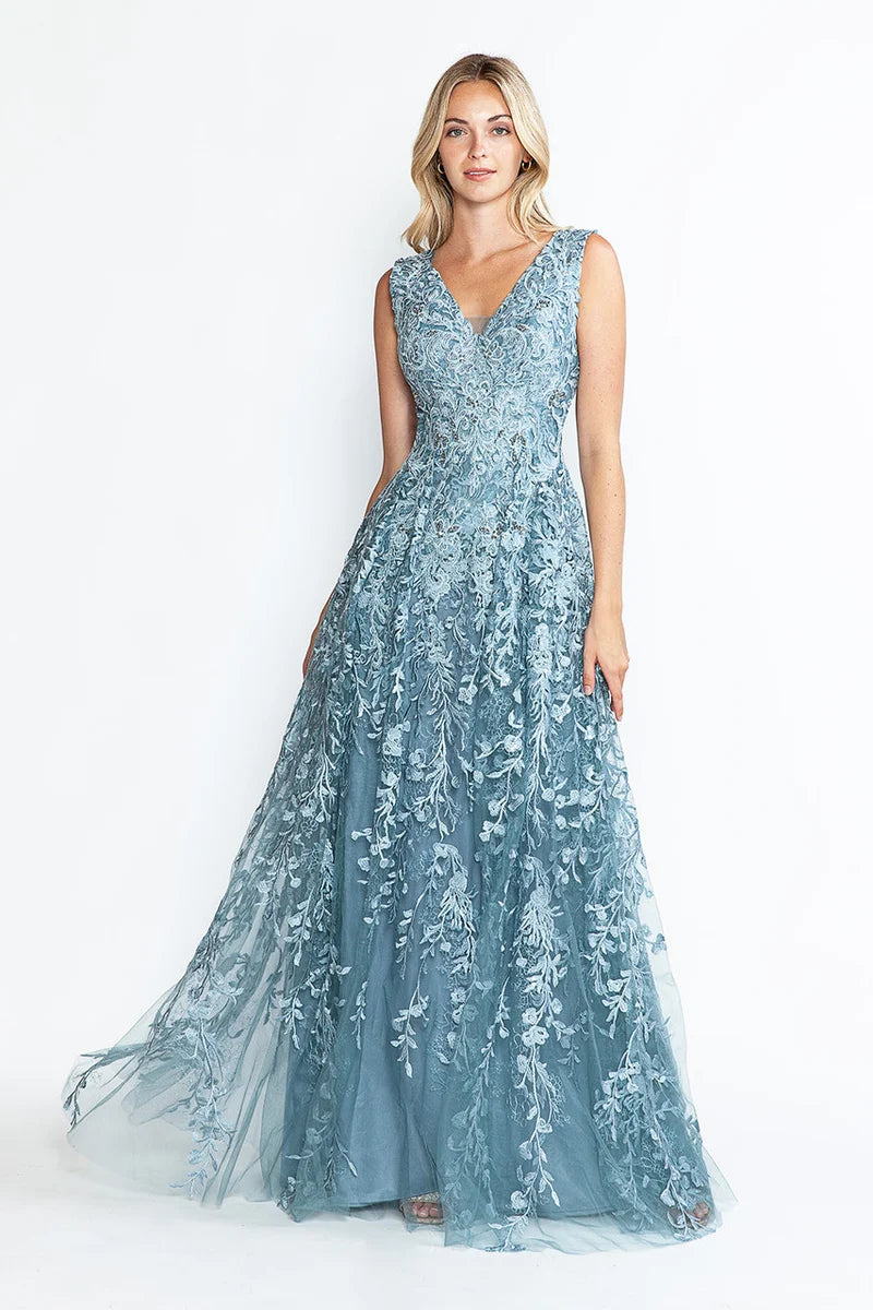 Elegant Embroidered A-Line V-Neck Sleeveless V-Back Floor-Length Evening Dress