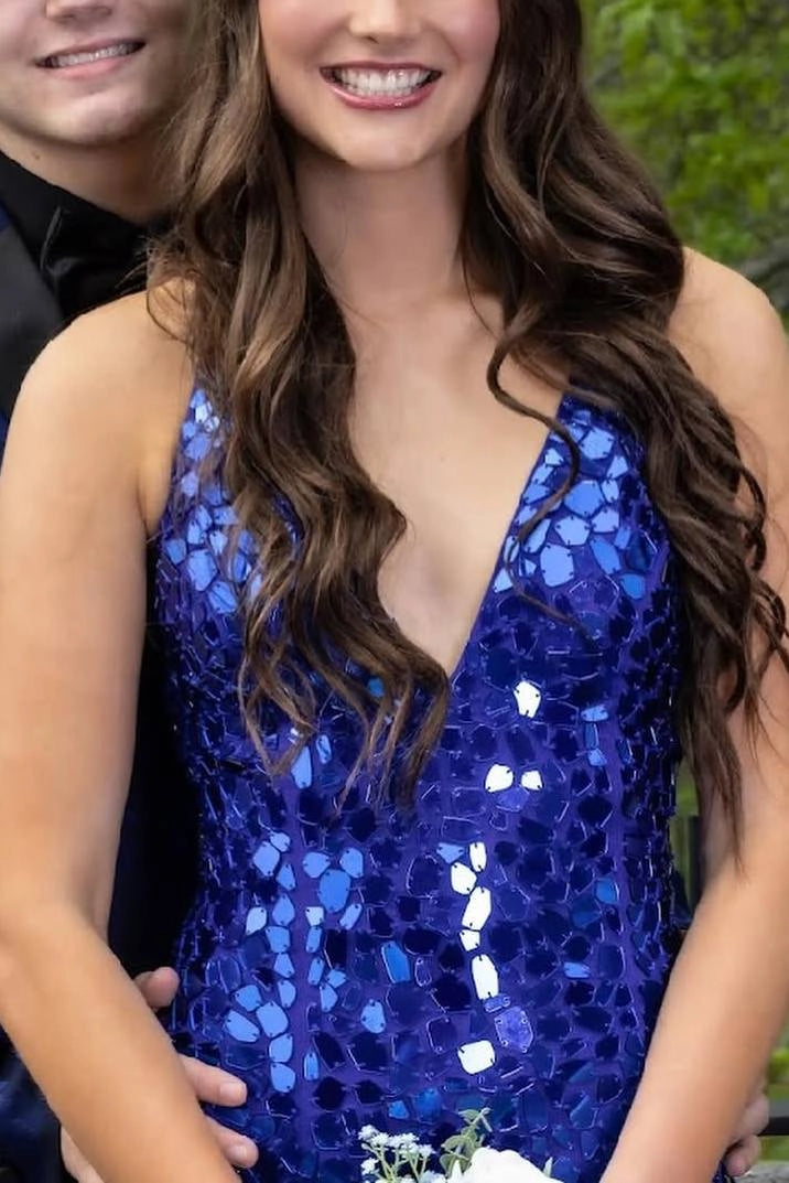 Loverlm Royal Blue Sequin Mermaid V-Neck Spaghetti-Strap Lace-Up-Back Slit Floor-Length Prom Dress
