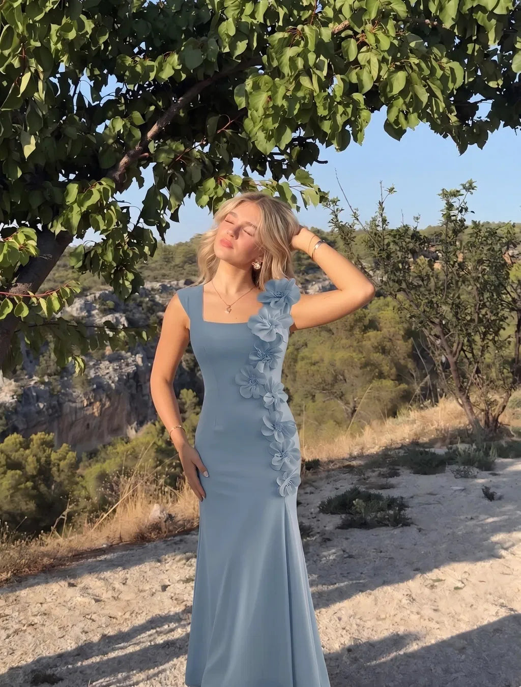 Elegant Mermaid Square Neck Cap Sleeve Crepe Floor Length Wedding Guest Dress