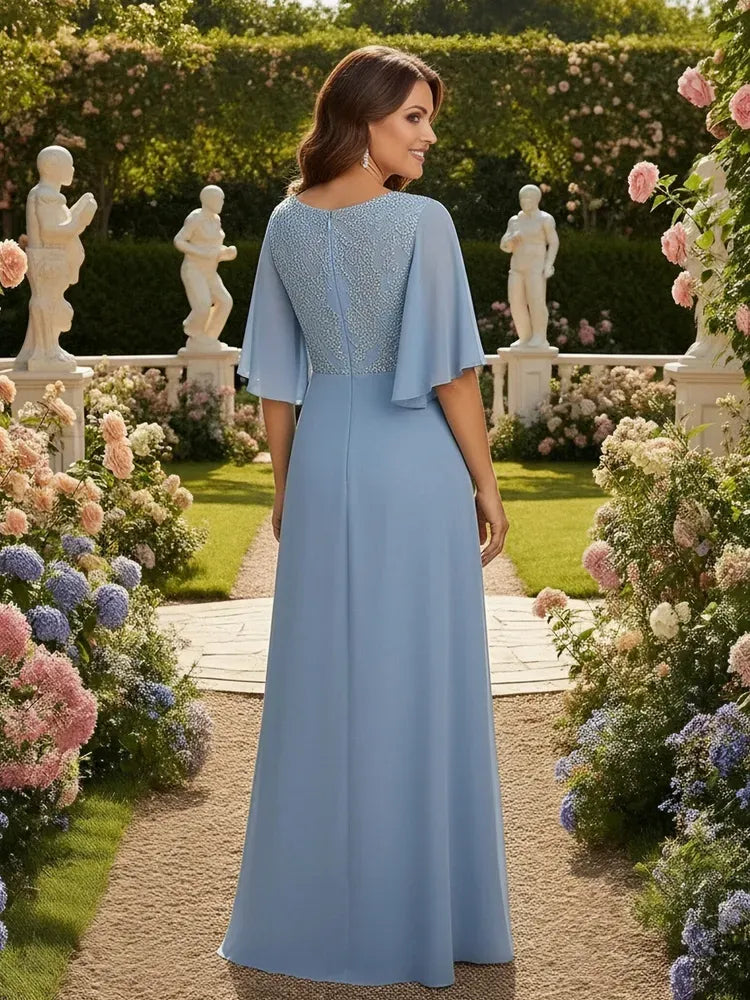 Elegant A-Line V-Neck Flutter-Sleeve Beaded Closed-Back Floor-Length Mother of Bride Dress