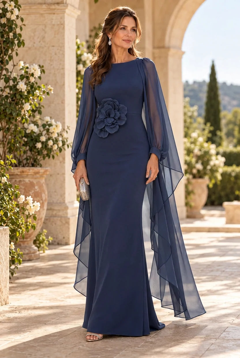 Loverlm dusty blue Mother of the Bride dress with round neckline, sheer chiffon bishop sleeves, flowing cape drapes and 3D floral waist appliqué front view
