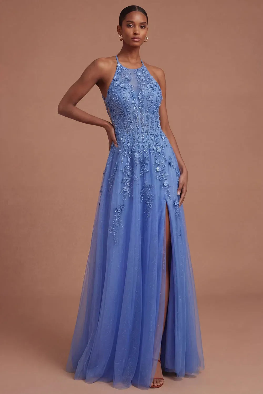 Loverlm dusty blue A-line prom dress with floral applique bodice and high slit