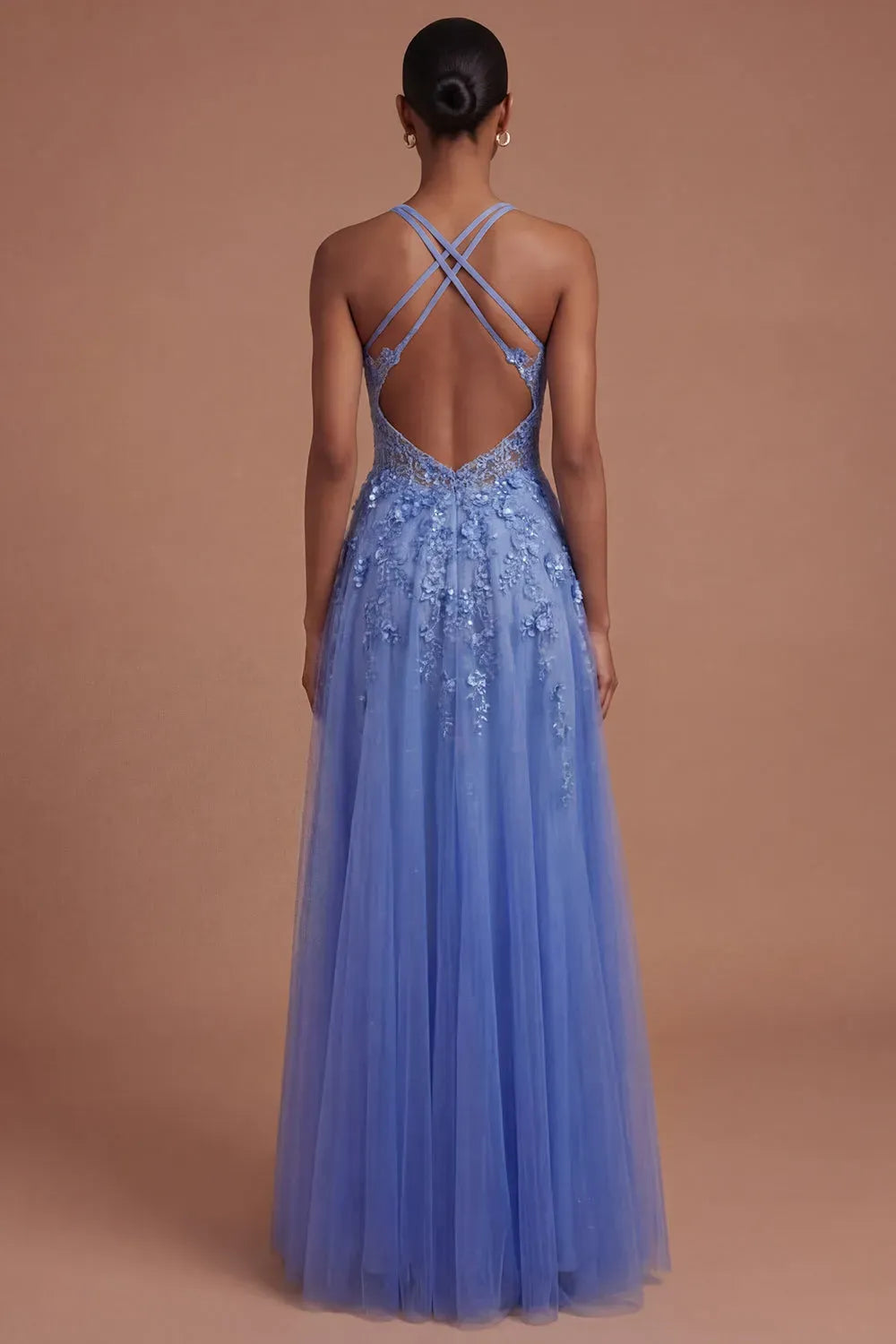 Elegant A-Line High-Neck Sleeveless Criss-Cross Back Floor-Length Prom Dress