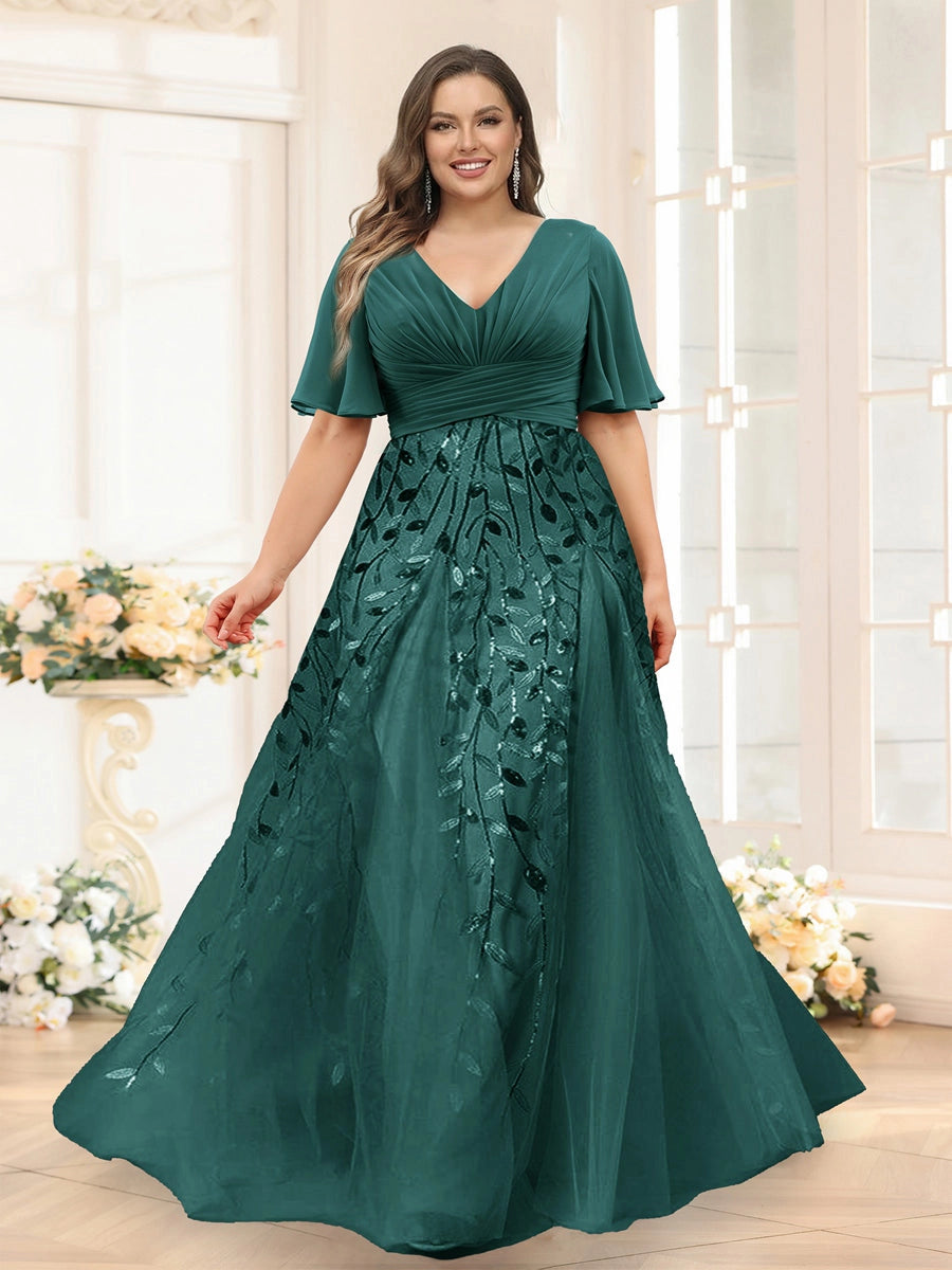 Elegant Dusty-Blue A-Line V-Neck Flutter-Sleeve Zip-Back Floor-Length Mother of the Bride Dress