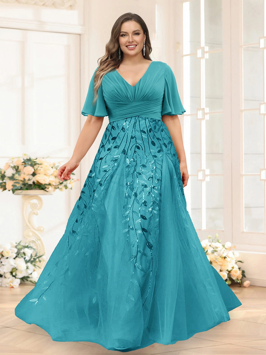 Elegant Dusty-Blue A-Line V-Neck Flutter-Sleeve Zip-Back Floor-Length Mother of the Bride Dress