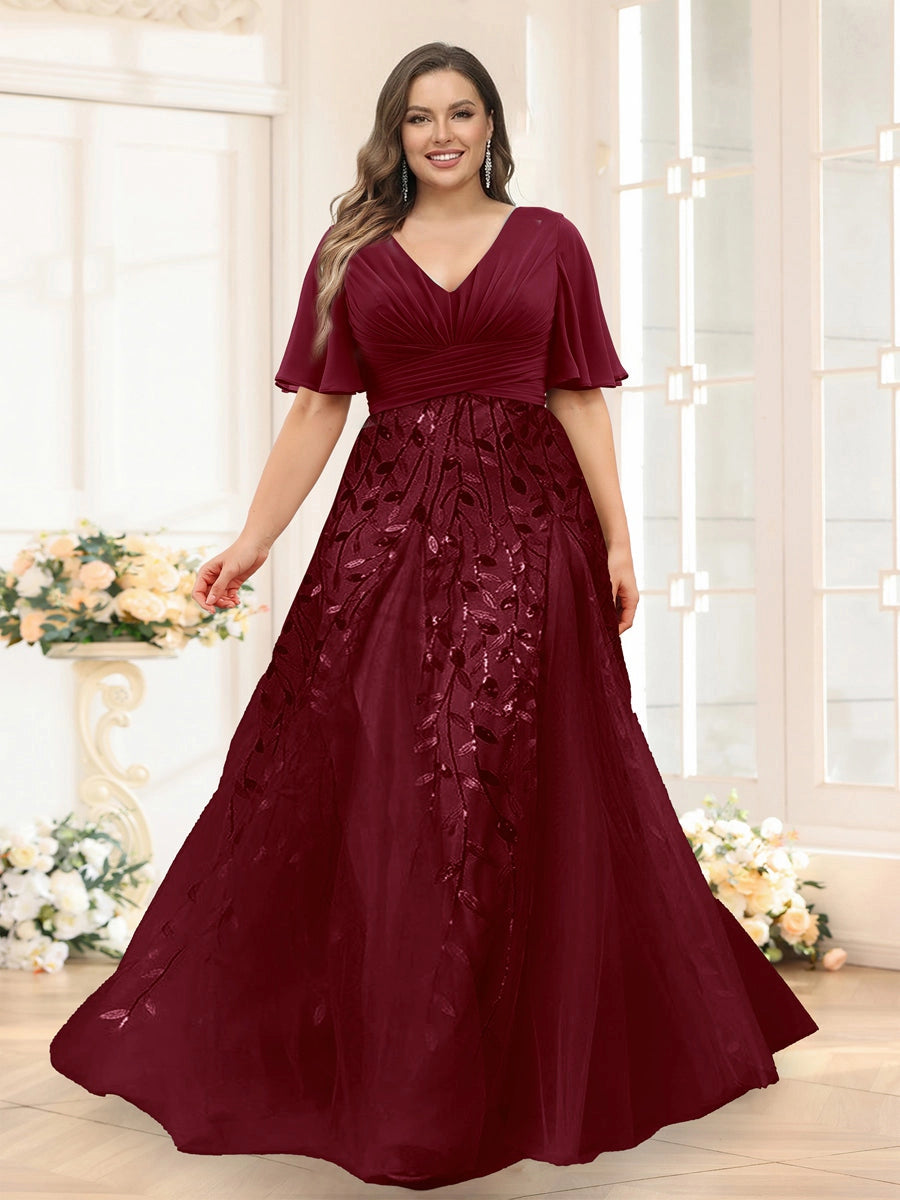 Elegant Dusty-Blue A-Line V-Neck Flutter-Sleeve Zip-Back Floor-Length Mother of the Bride Dress
