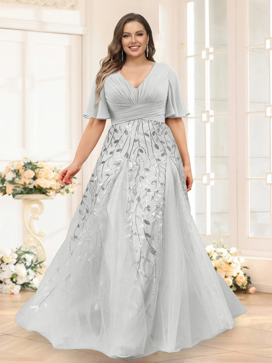 Elegant Dusty-Blue A-Line V-Neck Flutter-Sleeve Zip-Back Floor-Length Mother of the Bride Dress