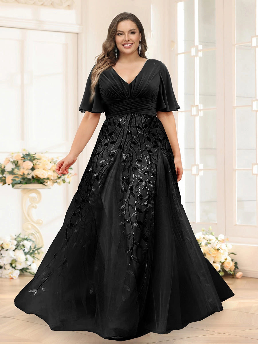 Elegant Dusty-Blue A-Line V-Neck Flutter-Sleeve Zip-Back Floor-Length Mother of the Bride Dress