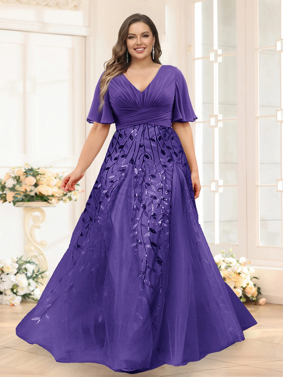 Elegant Dusty-Blue A-Line V-Neck Flutter-Sleeve Zip-Back Floor-Length Mother of the Bride Dress